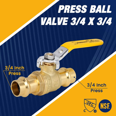 Abbiemo 3/4 in press ball valve with yellow handle, brass body, EPDM O-ring, 1/4-turn full-port shut-off for copper tubing