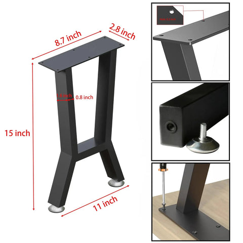 Built To Last 15 Inch Metal Table Bench Legs H Shape Two Pack For DIY Furniture with adjustable feet, black iron material