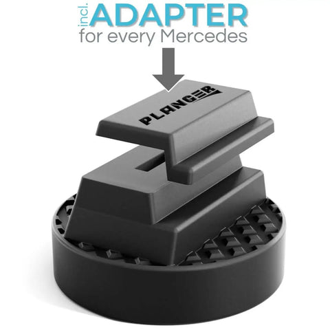 Daimnd Heavy Duty Rubber Jack Pad for Mercedes Benz and German Cars showing adapter for trolley jacks and vehicle lifts