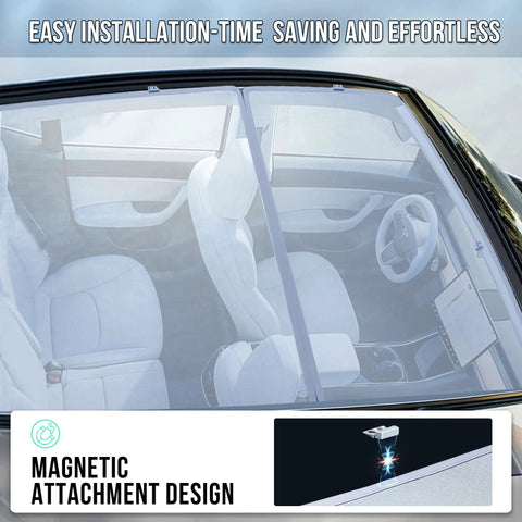 Model Y Glass Roof Sunshade With Magnetic Foldable UV Block For Cooling installed on a vehicle interior view
