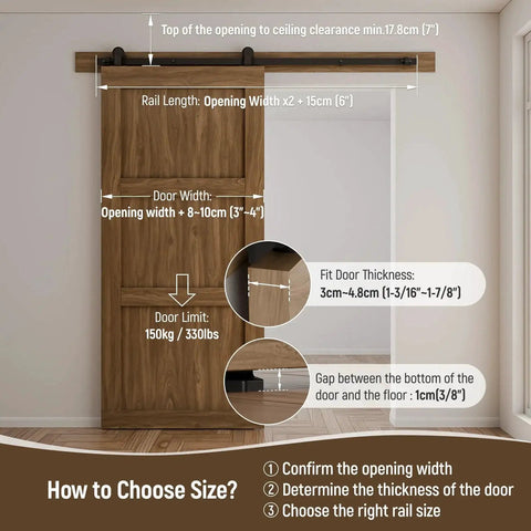 Five Foot Sliding Barn Door Hardware Kit Heavy Duty With Quiet Smooth Operation And Easy Install Fits Thirty Inch Wide Single Door Panel T Shaped Black Includes Solid Steel Roller Hanger And High Strength Flat Tracks Supports Up To 330 Lb 150 Kg installed view image with size guide and measurements