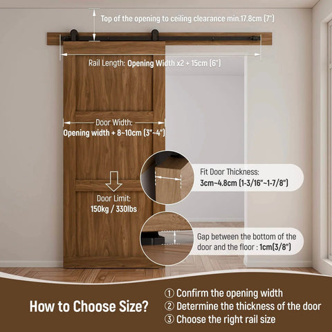 Diagram showing measurements for Heavy Duty 9Ft Sliding Barn Door Hardware Kit For 54 Inch Wide Single Door Panel Black T Shaped Track System.