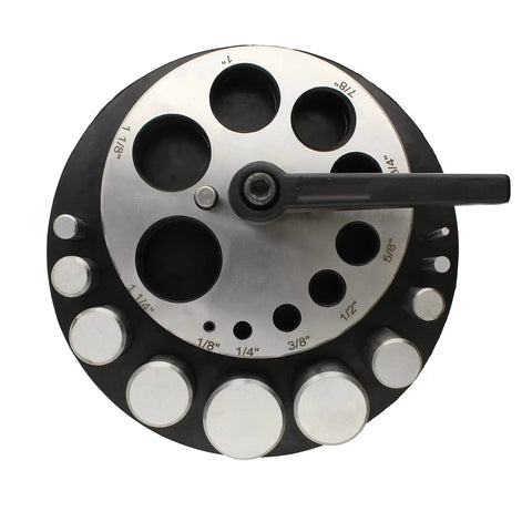 Pro Grade Heavy Duty Steel Circle Disc Cutter Set With Ten Punches and die cuts featuring rubber base and handle for metal projects