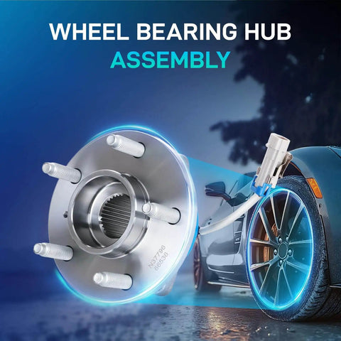 Front wheel hub bearing assembly 2-pack for Chevy Impala 2000-2011, Uplander; Pontiac with digital overlay on car wheel