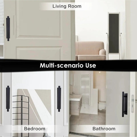 Self Adhesive Cabinet Handles Eight Pack ABS Plastic Drawer Pulls installed on doors in living room, bedroom, and bathroom.