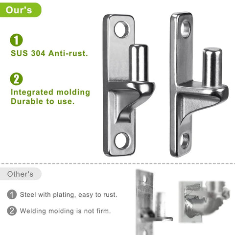 304 Stainless Steel Heavy Duty Gate Hinges 4 Pack, One-Piece Non-Welded Wall Mount With 5/8 Inch Pin, rust-resistant, shown in a comparative image.