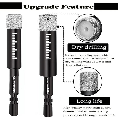 Side view of Six Piece Three Eighths Inch Dry Diamond Drill Bits Set With Ten Millimeter Hex Shank For Porcelain Tile Ceramic Concrete Granite Marble And Other Hard Materials Brazed With Cooling Wax For Smooth Dry Drilling, showcasing dry drilling and long life features.