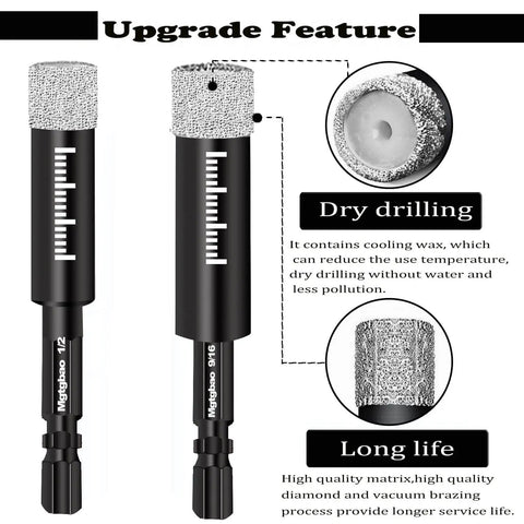 Front view of Mgtgbao Dry Diamond Drill Bits, 10-piece set with 3/16 and 1/4 inch hex shank, showing design features.