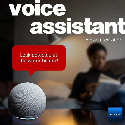 Smart Water Leak Detector 4 With 105dB Alarm, Alexa notification of leak detection near water heater, woman reading in background.
