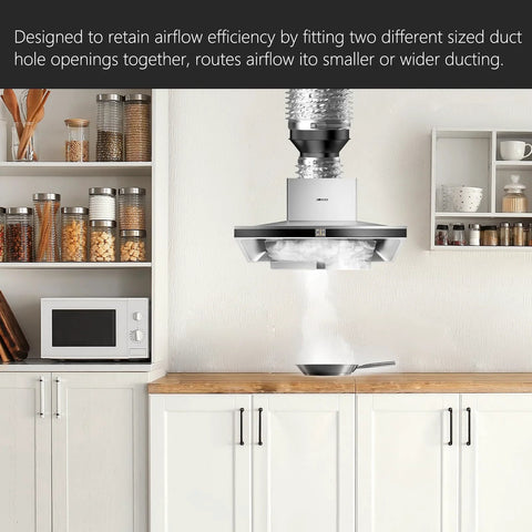 4 to 3 inch duct reducer in galvanized steel, shown in a kitchen exhaust setup with a white range hood and silver flexible duct.