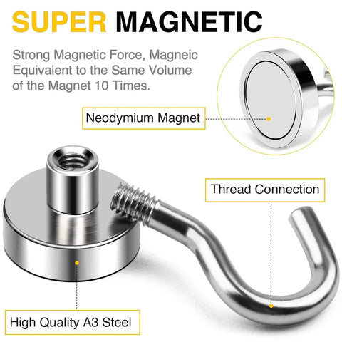 Close-up of a magnetic hook showing neodymium magnet, thread connection, made of high-quality A3 steel; labeled super magnetic.