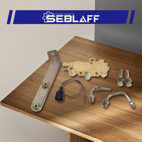 PV4 disc brake proportioning valve kit: brass valve body, mounting bracket, fittings, curved brake line
