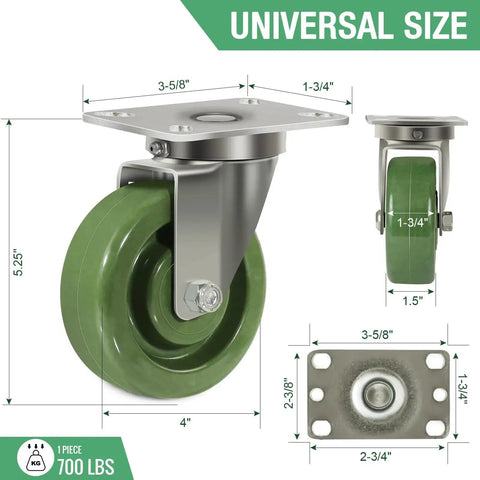 Heavy Duty Stainless Steel Bracket Casters Set Of 4 With 1.5 Inch Wheels High Temperature Up To 2800 Lb Capacity, swivel view