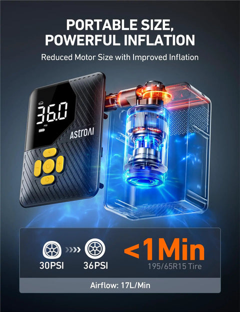 Close-up of the Compact Portable Tire Inflator For Cars Bikes And Balls With 150 PSI Pump showing display and motor features.