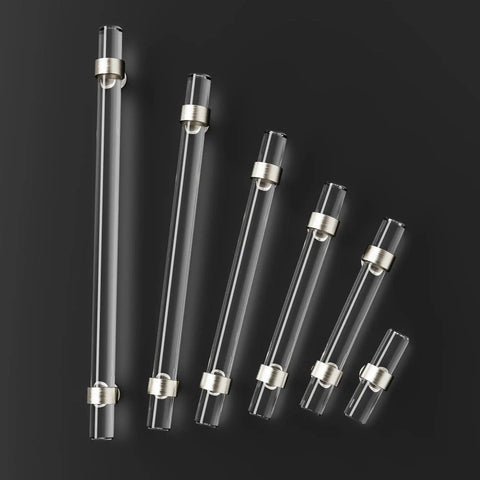 6 Pack Glass Cabinet Handles And Pulls For Cabinets And Drawers In Brushed Nickel With Crystal Glass Rod Knobs arranged on black background