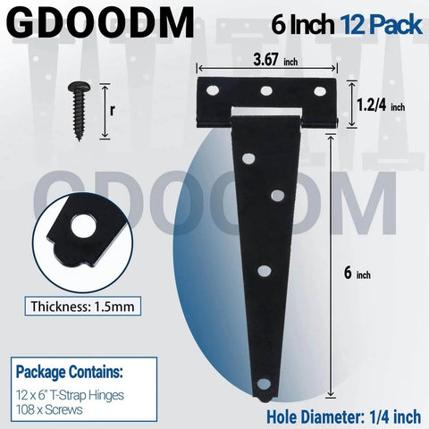 Image of 12 Pack 6 Inch T Strap Shed Door Hinges Black Heavy Duty Tee Hinges for Wooden Fences Yard Gates Barn Doors rustproof
