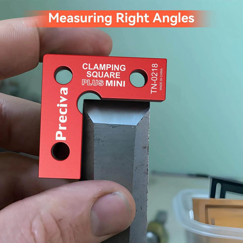 90 Degree Mini Positioning Squares Set of 2 in Red Aluminum Alloy Right Angle Clamps in use for precise angle measurement.