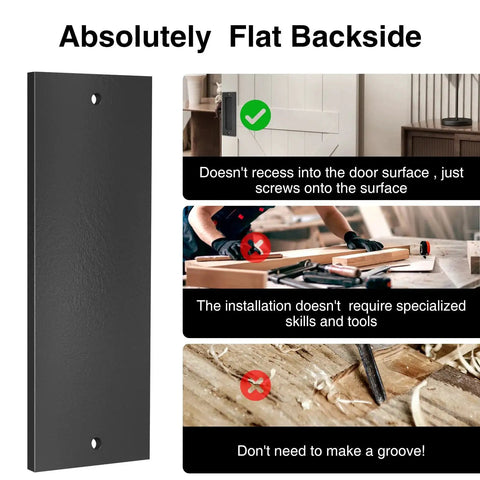 6 Inch Flush Pull Sliding Barn Door Handle Set with flat backside, matte black finish, showcasing easy installation without door recessing