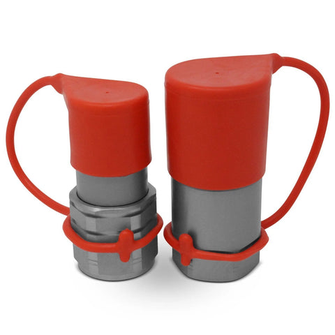 Two Summit Hydraulics 3/4 in SAE-12 flat-face hydraulic quick-connect couplers with red caps and dust caps; gray metal bodies.