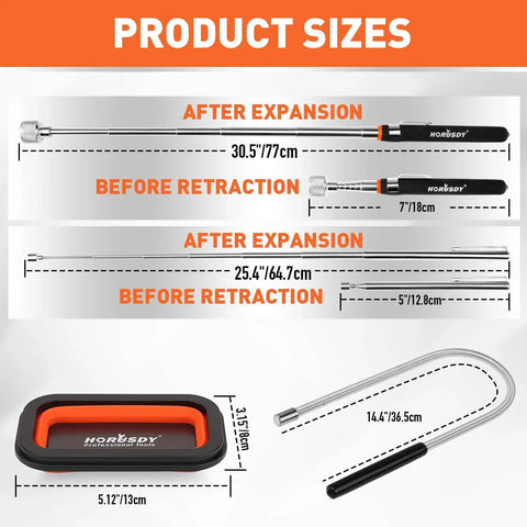Must Have Versatile Four Piece Magnetic Pickup Tools Kit With Telescoping Extensions From 7 To 30.5 Inches And 5 To 25 Inches Bend It Flexible Magnetic Pickup Tool And Collapsible Parts Tray For Your Garage Workshop And Yard, showing size measurements and components in diagram.
