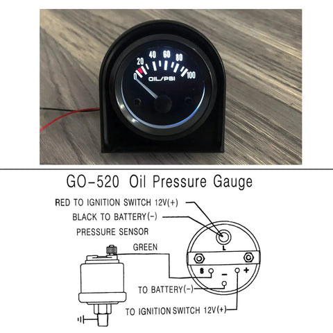 Front view of Pro Grade 52mm Oil Pressure Gauge Kit with sensor for cars, showing 0-100 PSI range on black dial, installation diagram below.
