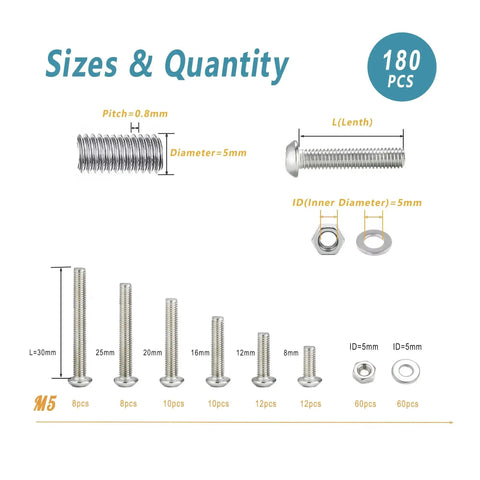 Diagram of 304 Stainless Steel Button Head M5 Screws Kit With 180 Pieces Hex Socket Bolts Nuts And Washers, showing sizes and quantities.