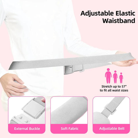 Adjustable elastic waistband with external buckle for cordless heating pad for period cramps; fits up to 57-inch waist, pink background.