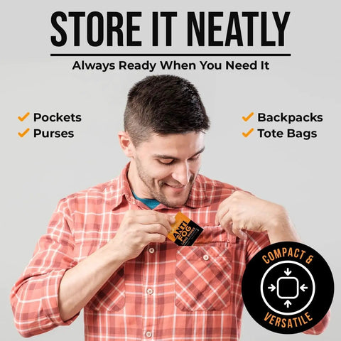 Man placing Anti Fog Glasses Wipes With Streak Free Clarity 100 Individually Wrapped into shirt pocket. Text emphasizes versatility and compactness.