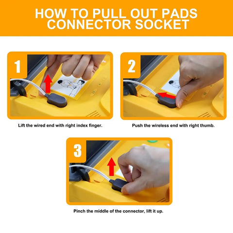 Instructions on pulling out pads connector on AED Trainer Kit With Realistic AED Simulator For CPR Practice, XFT 120GA Orange Version.