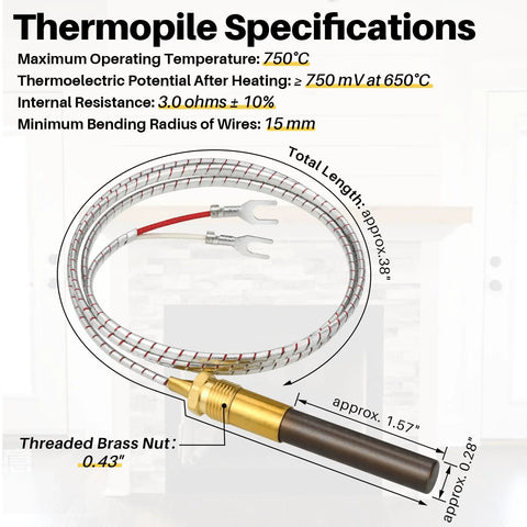 Thermopile assembly with braided wire, brass threaded nut, 38-inch length for gas fryer/oven replacement.