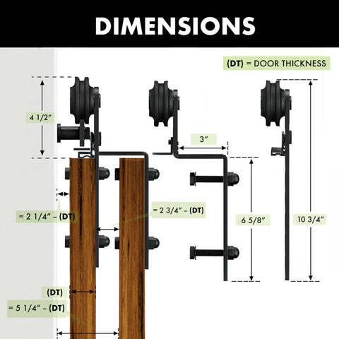 Dimensions of Black Rustic Single Track Bypass Sliding Barn Door Hardware Kit For Four Doors, 13 Foot Long Flat Track