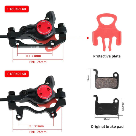 Front view of Z00M HB875 MTB hydraulic disc brake caliper set with red dial, protective plate and brake pad