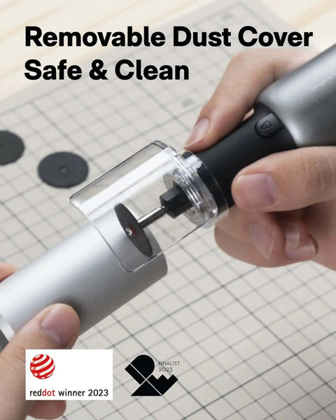 Person holding a cordless rotary tool kit with a removable dust cover, part of a USB-C rechargeable kit for DIY engraving and sanding projects.