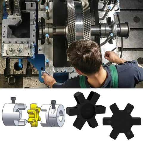 8 Pack MingQiEven L095 Rubber Spider Center Inserts For L Jaw Couplings in use with machine, showing solid type flexible NBR gasket set black for mechanical power transmission.