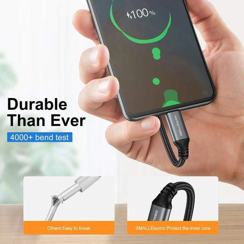 Smartphone charging with braided USB Type C to A cable, showing durability and fast charging 3A power cord feature.