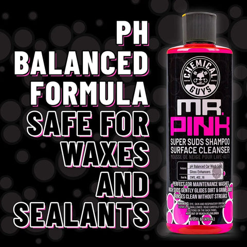 Mr Pink Foaming Car Wash Soap for Foam Cannons and Buckets, Safe for Cars Trucks Motorcycles RVs, Candy Scent, 473 ml by Chemical Guys, bottle front view.