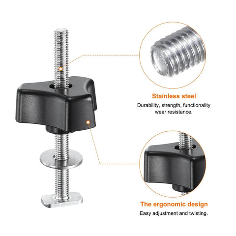 Close-up view of the 5 Piece Pro Grade T Track Bolts Knob Kit For Woodworking Jigs And Fixtures with threaded bolts and triangle hand knobs.