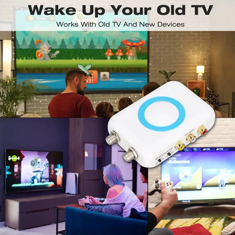 NTSC RF Modulator To RF Coaxial Converter Kit With AV Output For DIY CATV Setup shown with family using TV with converter
