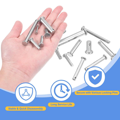 Person holding M6 x 20mm Single Hole Clevis Pins in 304 Stainless Steel with flat heads, showing 20-pack for trailer latches and repairs.