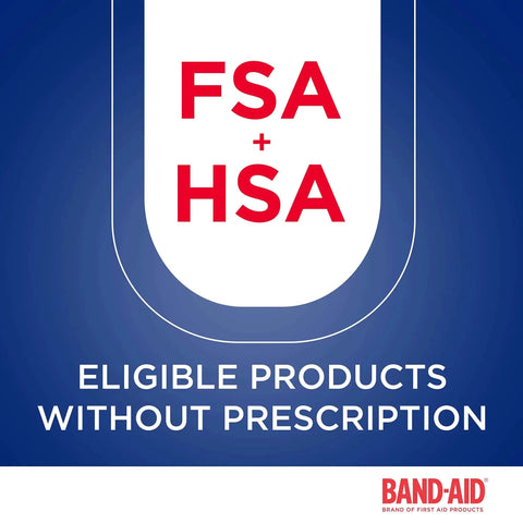 FSA and HSA eligible Band-Aid brand products without prescription displayed on blue background