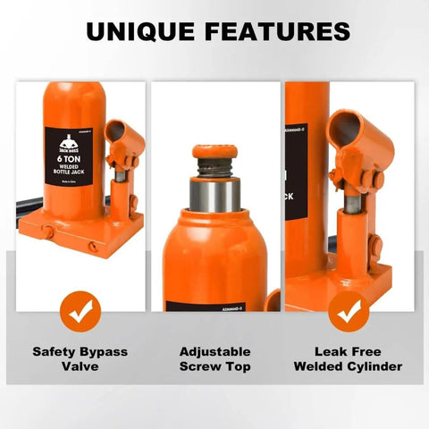 6 Ton Hydraulic Bottle Jack For Auto And Truck Repair Heavy Duty Workhorse With Adjustable Height From 7.28 To 14.17 Inches 12000 Lb Capacity Lightweight 7.94 Lb Safety Oil Bypass Orange Finish with safety features highlighted