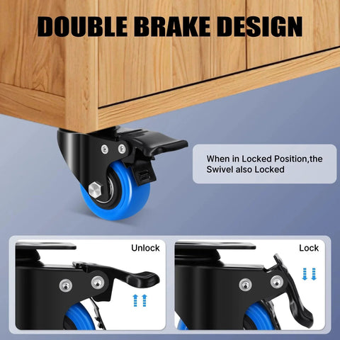 Image showing double brake design on 2 Inch Caster Wheel Set Of 8 Heavy Duty Swivel Casters With Brakes 1200 Lbs Capacity.