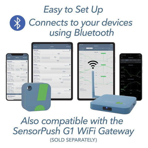Smart Temperature And Humidity Sensor With App Monitoring From SensorPush HT1 Thermometer Hygrometer For Indoor And Outdoor Use Including Heat Index For RV Fridge And More with Bluetooth connectivity display and SensorPush G1 WiFi Gateway.