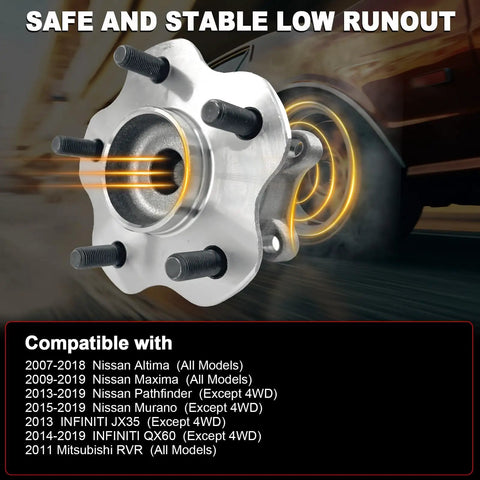 Rear Wheel Bearing Hub Assembly Fits Altima 2007-2018, Maxima 2009-2019, Murano 2015-2019, Pathfinder 2013-2019 And Infiniti JX35 2013, QX60 2014-2019, 5 Lug With ABS, OE Replacement, Durable Auto Part showing 5 lug pattern and vehicle compatibility