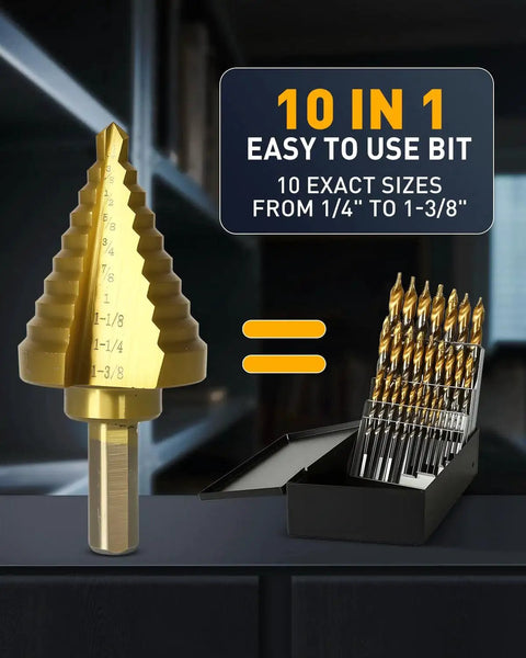 Titanium Coated Step Drill Bit For Metal With Double Cutting Blades And HSS Construction, 10 Size Set By COMOWARE