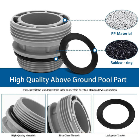 Pool Hose Adapter Kit 40mm To 1.5 Inch For Above Ground Pools; gray adapter with rubber ring and PP material display