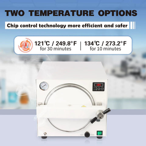 Front view of 18L lab autoclave sterilizer, white metal body, circular door, left pressure gauge, LED display.
