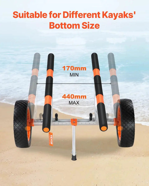 Heavy Duty Kayak Cart With 450 Lbs Load Capacity showing adjustable width on beach