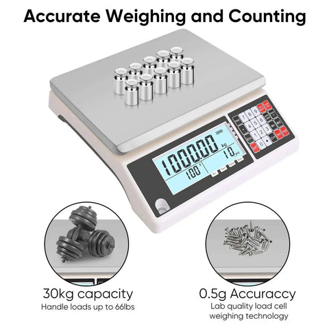 High Precision 30kg Digital Counting Scale With RS232 Port for inventory and parts, ultra accurate 0.5g readings shown on LCD