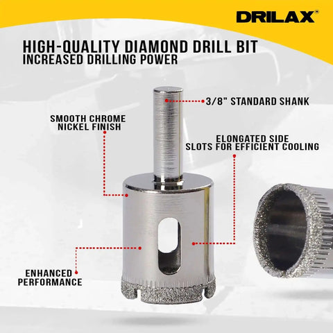 Premium 1 Inch Diamond Drill Bit By Drilax With Triple Coating For Multi Material Use On Granite Quartz Countertops Ceramic And Porcelain Tiles Glass And Stone Core Bit For Precise Long Lasting Holes In Hard Surfaces showing 3/8 inch shank and side slots for cooling